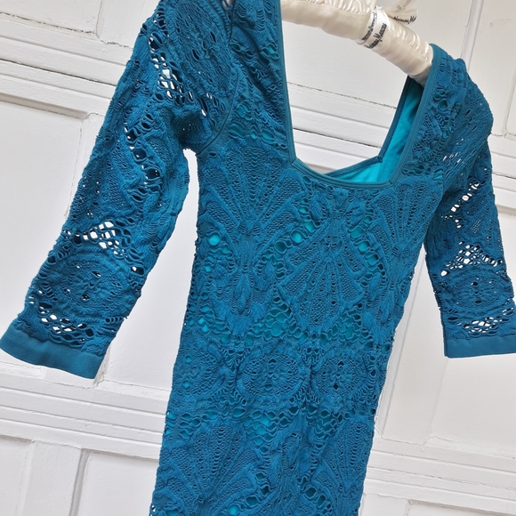 Free People Crochet Slip Dress Lace Body Con Teal Turquoise Stretch Fit Lacy XS - Picture 5 of 9